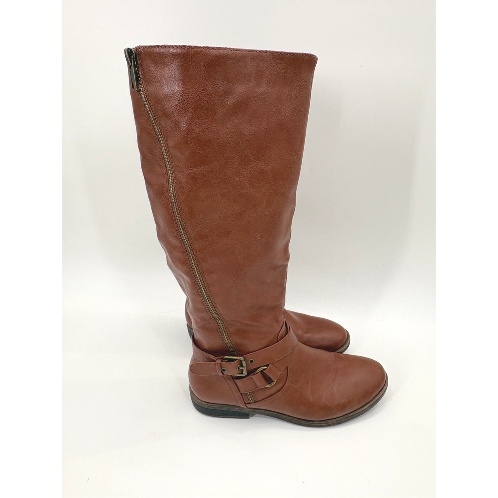 Rampage Womens Cognac Brown Faux Leather Tall Riding Boots Buckle Size 7.5